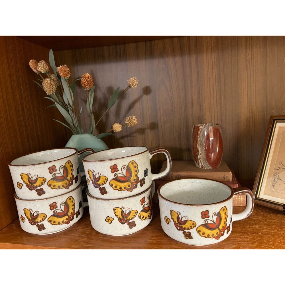 Vintage 1970s Butterfly Soup Mugs Set of 5 Stoneware Chili Coffee Cups
